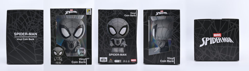Different angles of The San Diego Comic Con 2026 – Marvel Spider-Man Black Suit Bank Exclusive by Monogram International in collaboration with Marvel.