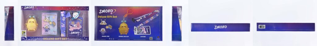 Different product angles of Smoko Deluxe Gift Set packaged in a premium gift box for ease of display and gifting. Includes (1) 3D Foam Bag Clip, (3) Enamel Pins, and (1) Lanyard.