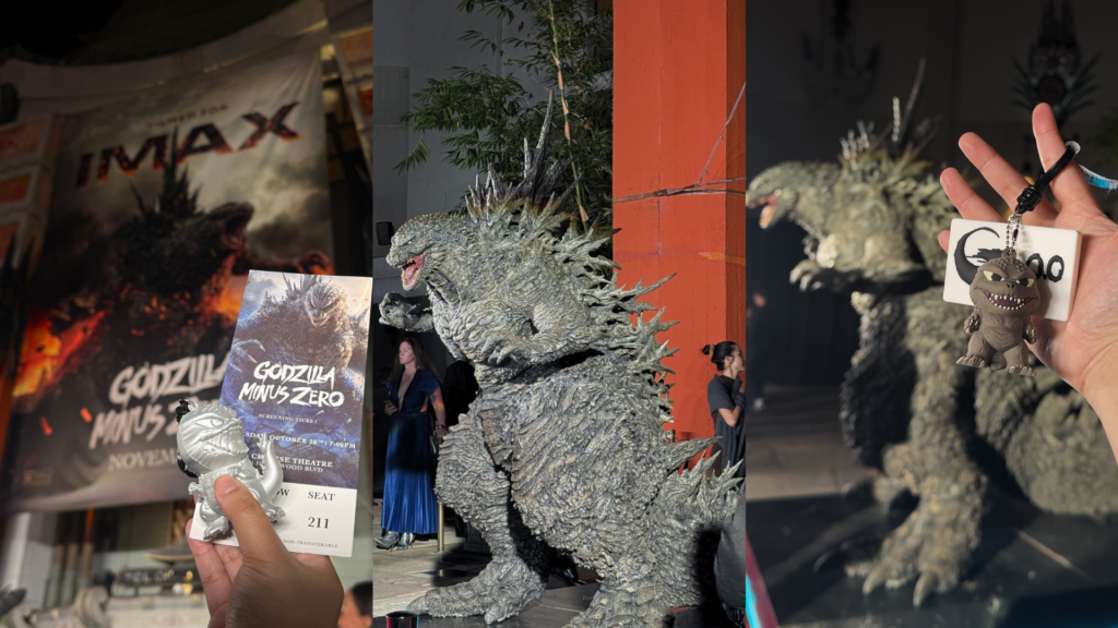 Godzilla Minus Zero LA Premiere (red carpet) featuring a sculpture of Godzilla and Monogram's Godzilla bag clip collectibles
