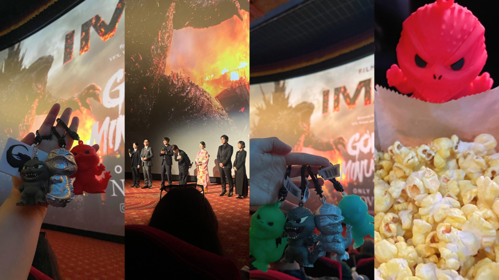 Godzilla Minus Zero LA premiere (inside TCL Chinese Theatre) featuring Monogram Godzilla bag clip collectibles